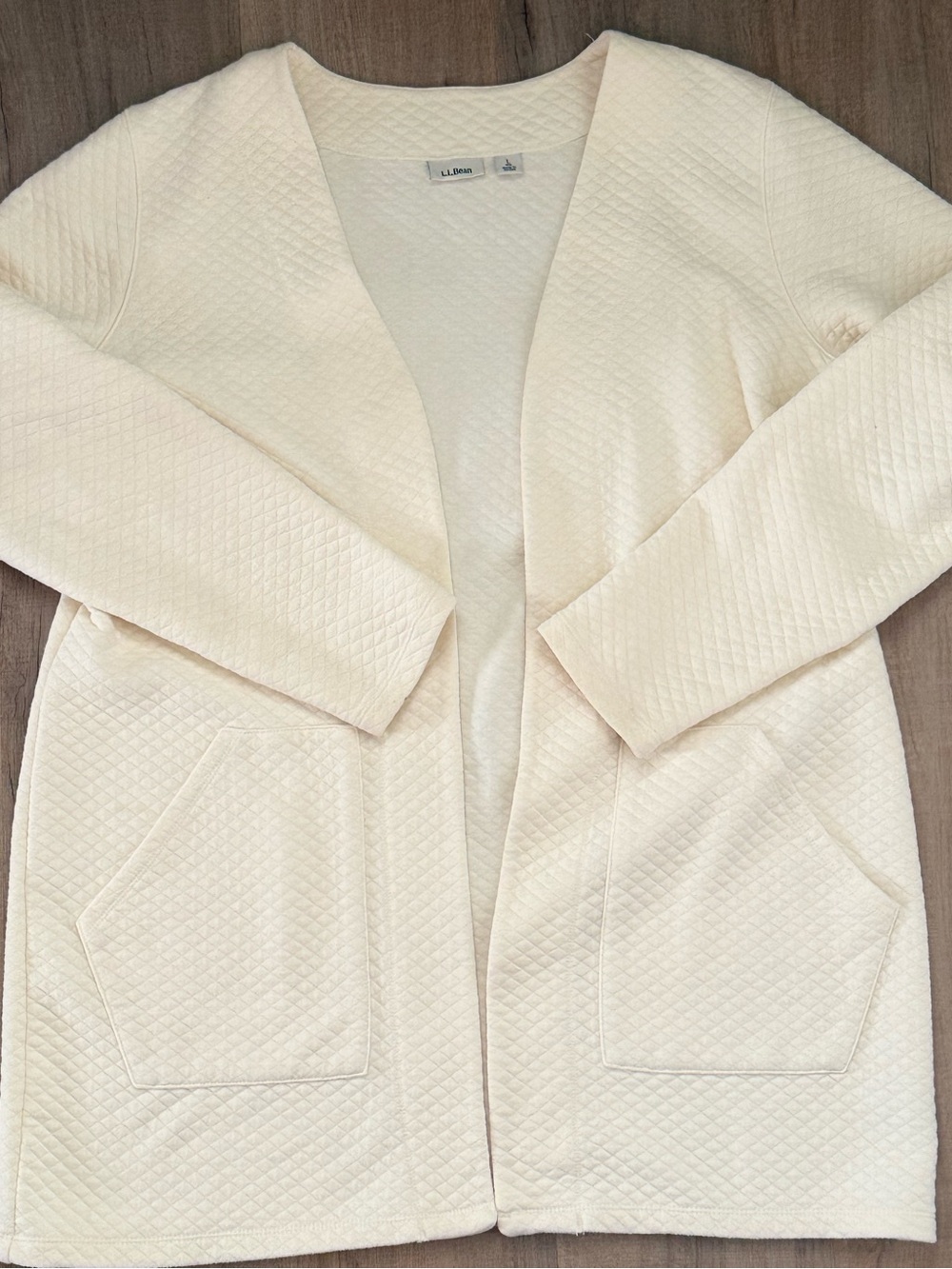 L.L.Bean Cream Quilted Cozy Cottage Fall Cotton Blend Open Front Womens Cardigan